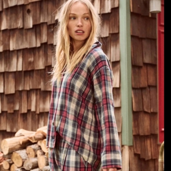 Free People Flannel Plaid Button Down Shirt XS Red White